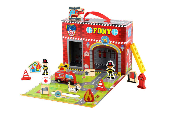 TY87203 FDNY Fire Station carrying Case w/18 Wooden Accessories by Daron Toys